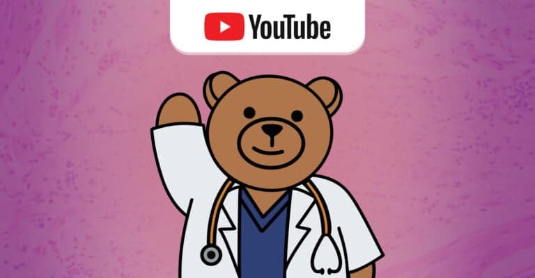 Cartoon bear doctor with stethoscope and YouTube logo, promoting medical education event.
