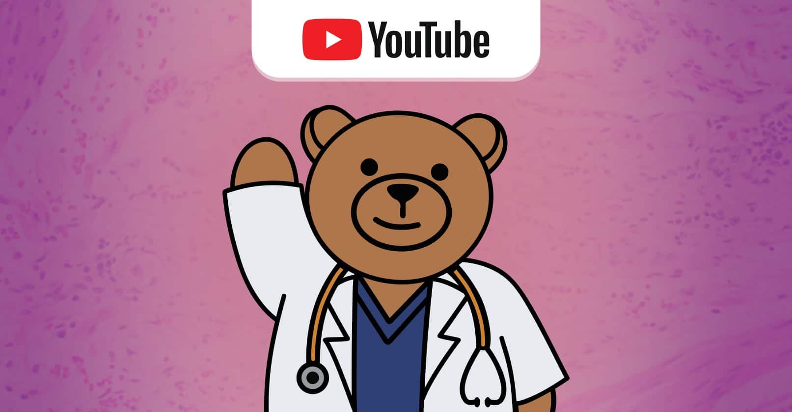 Cartoon bear doctor with stethoscope and YouTube logo, promoting medical education event.