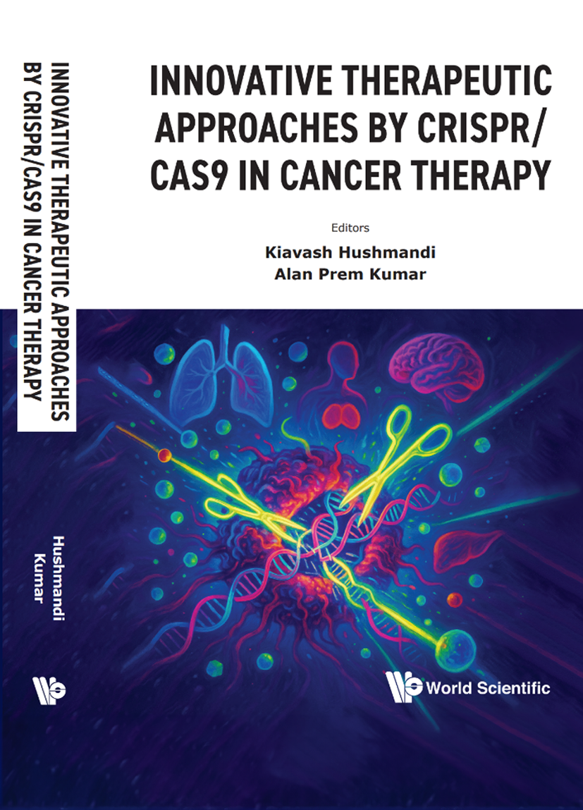 Book cover on CRISPR/Cas9 in cancer therapy with DNA and molecular graphics.