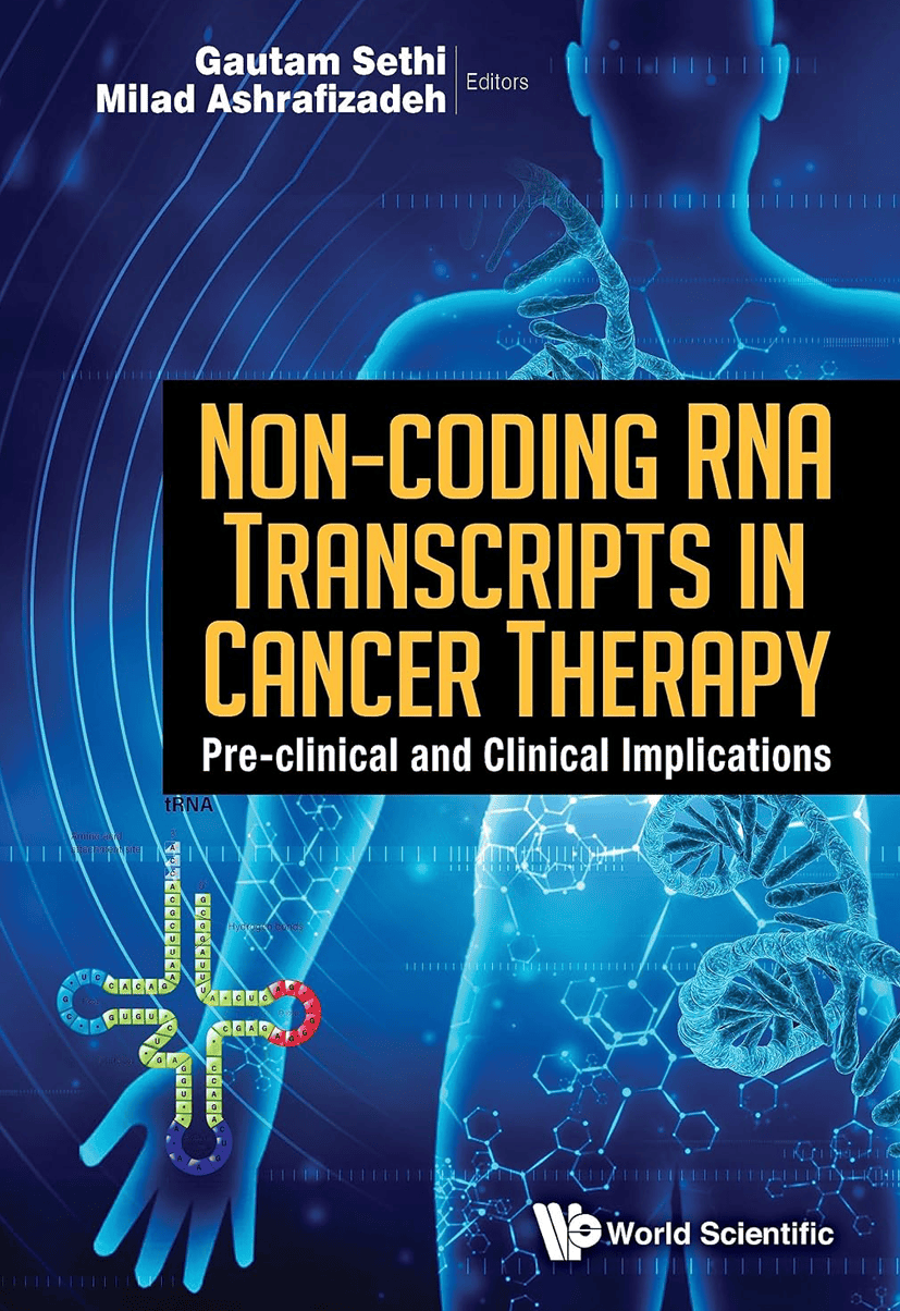Book cover on non-coding RNA transcripts in cancer therapy with DNA and human body graphics.