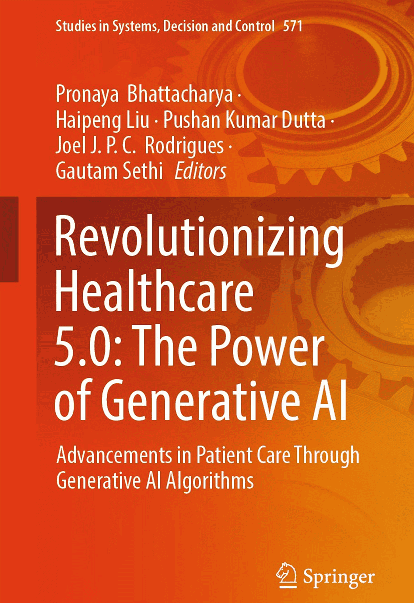 Book cover on AI in healthcare with gears and orange background.