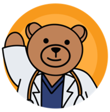 Bear mascot in medical coat at MediXperience event.