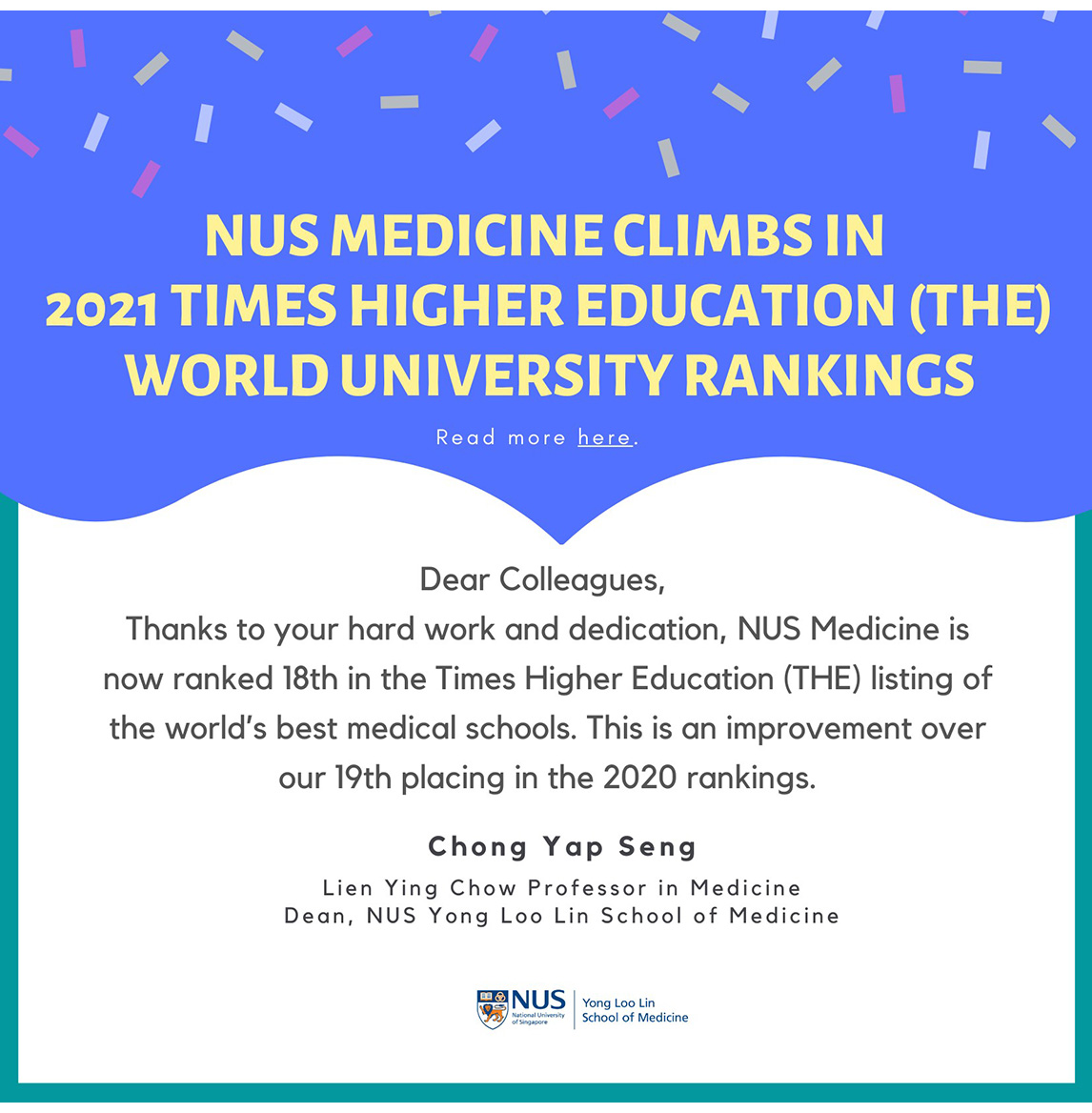 NUS Medicine is now no. 18th in 2021 Times Higher Education (THE) World University Rankings!