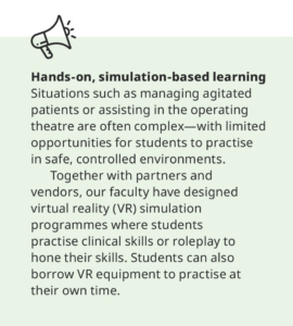 Hands-on, simulation-based learning situations such as managing agitated patients or assisting in the operating theatre are often complex—with limited opportunities for students to practise in safe, controlled environments. Together with partners and vendors, our faculty have designed virtual reality (VR) simulation programmes where students practise clinical skills or roleplay to hone their skills. Students can also borrow VR equipment to practise at their own time.