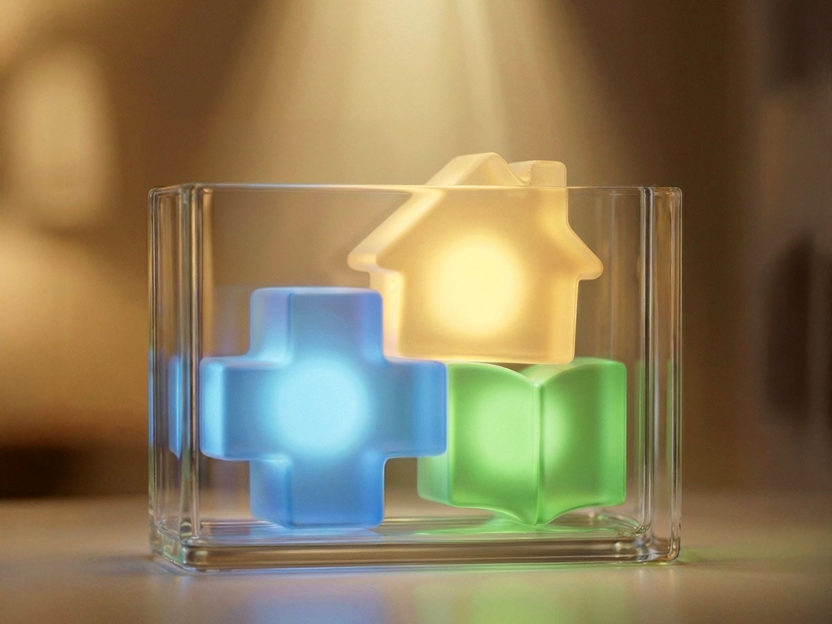 Vinyl-like shapes, one of a house, one of a book, and one of a medical plus sign, all inside a transparent container