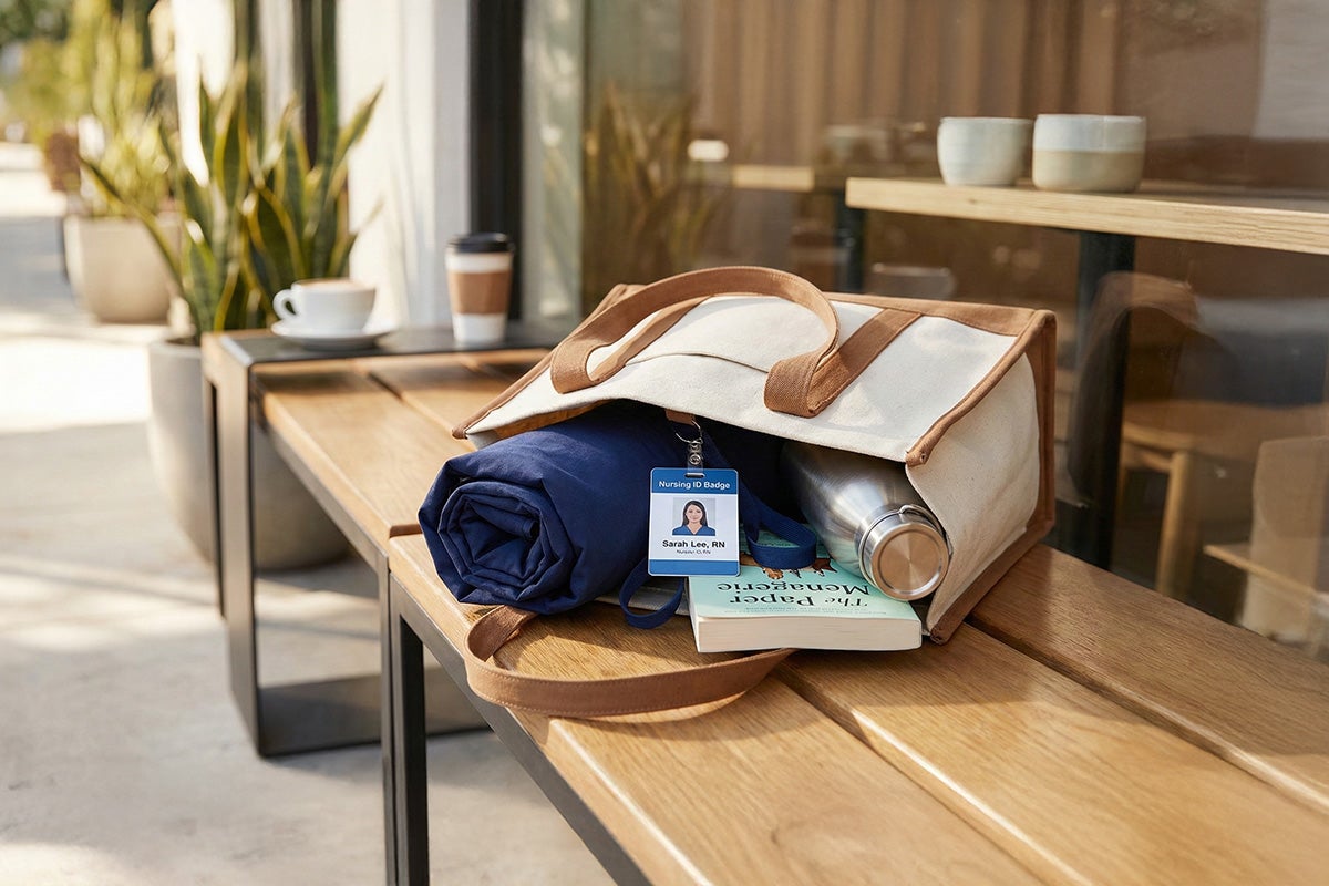 A handbag with a novel, rolled-up uniform, and nurse badge, lying on top of a bench.