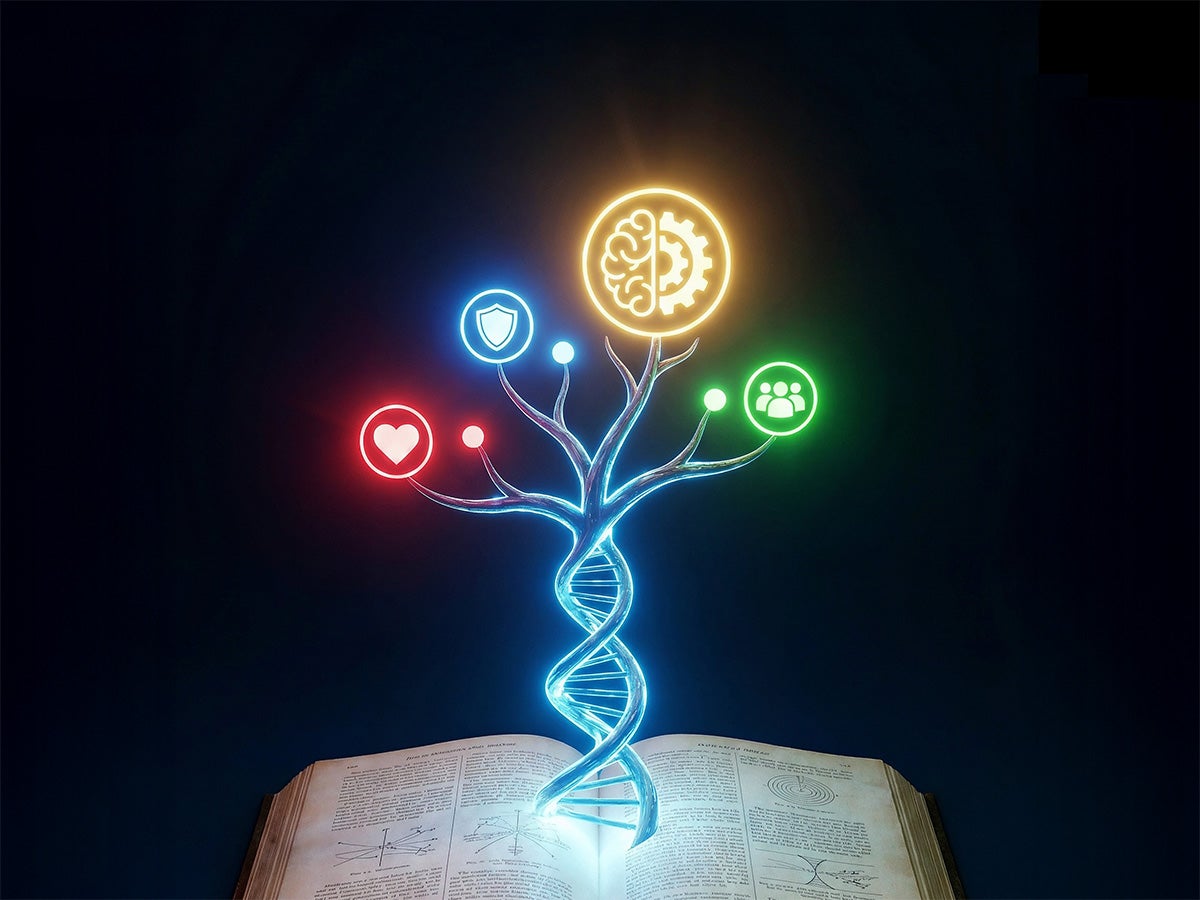 Abstract image of DNA strand growing like a tree from an open book.