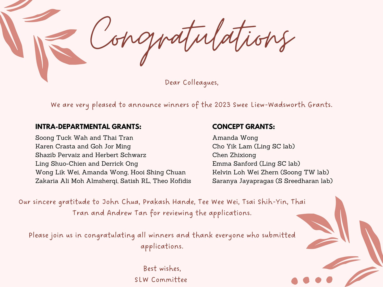 Congratulations to the winners of the 2023 Swee Liew-Wadsworth grants!