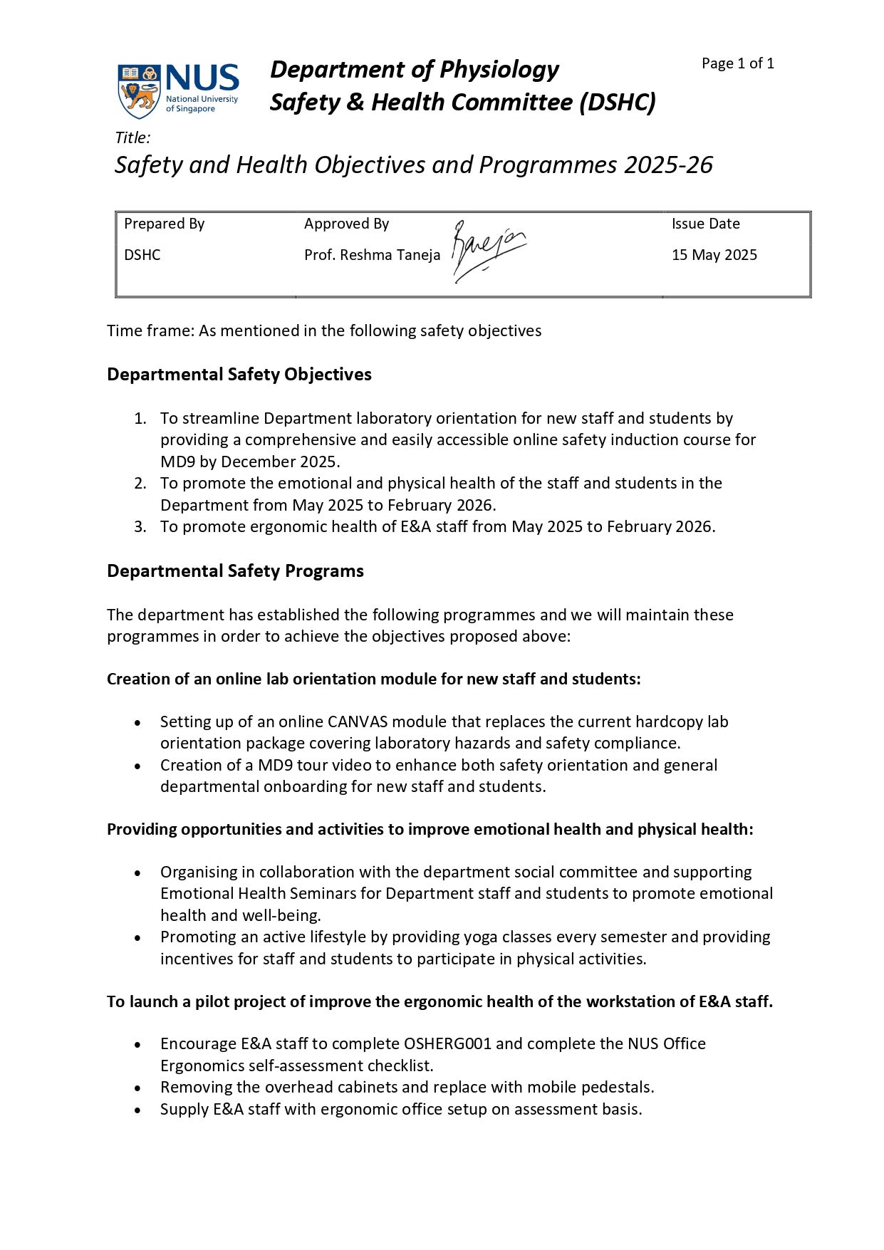 Objectives & Programs - NUS Department of Physiology