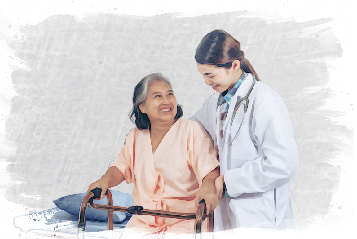 Female doctor accompanies a smiling female elderly.