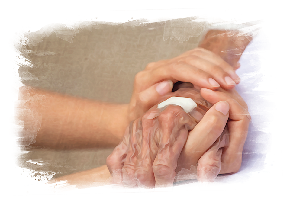 Hands of a caretaker wrapped around an elderly's hand, that has a plaster on top.