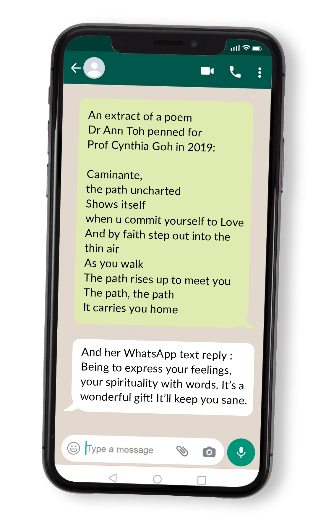 A smartphone with its screen similar to a WhatsApp message, showing an extract of a poem Dr Ann Toh penned for Prof Cynthia Goh in 2019.
