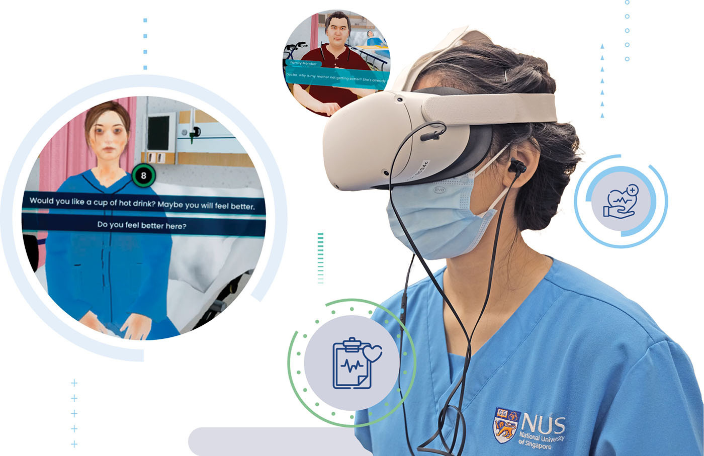 NUS Medine and Nursing Student using a virtual reality (VR) set in her training.