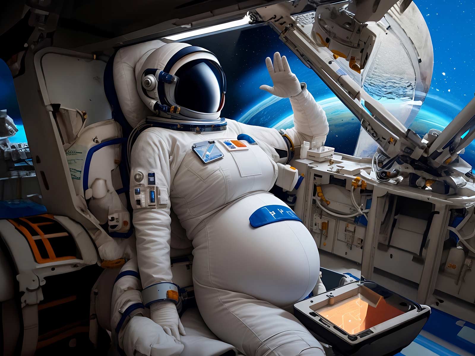 An AI-generated photo of a female pregnant astronaut aboard a space shuttle.