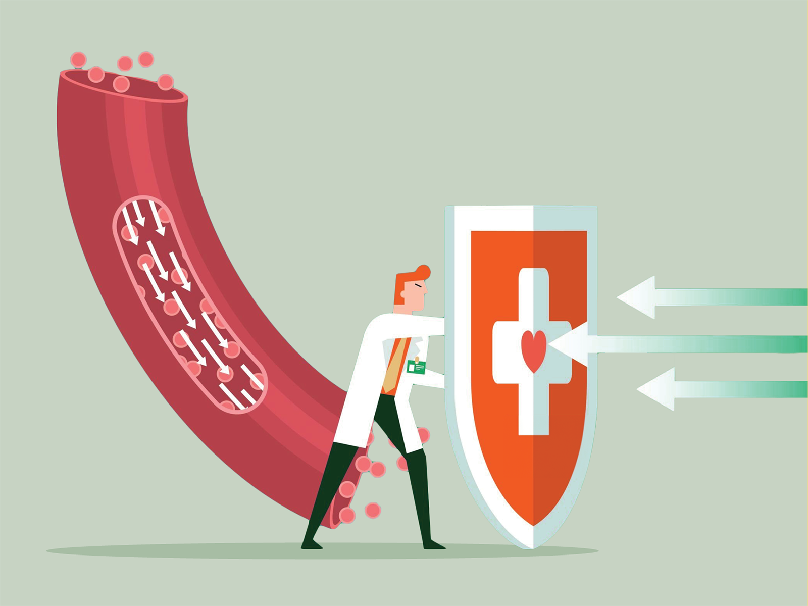 Abstract vector illustration of a doctor shielding a blood vessel from external forces.