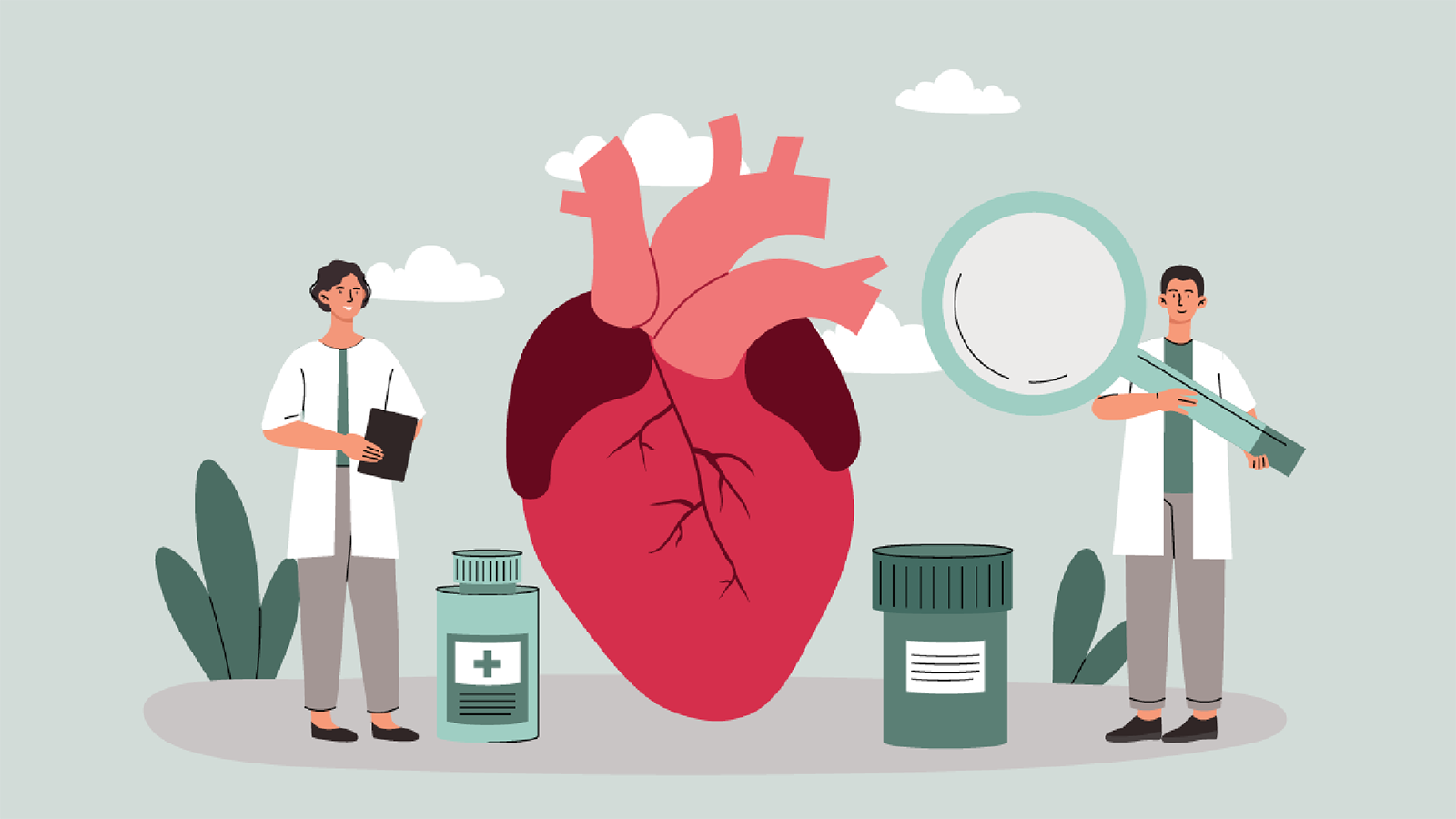 Vector cartoon illustration of two doctors - one of whom is holding big magnifying glass, pill bottles and a heart.