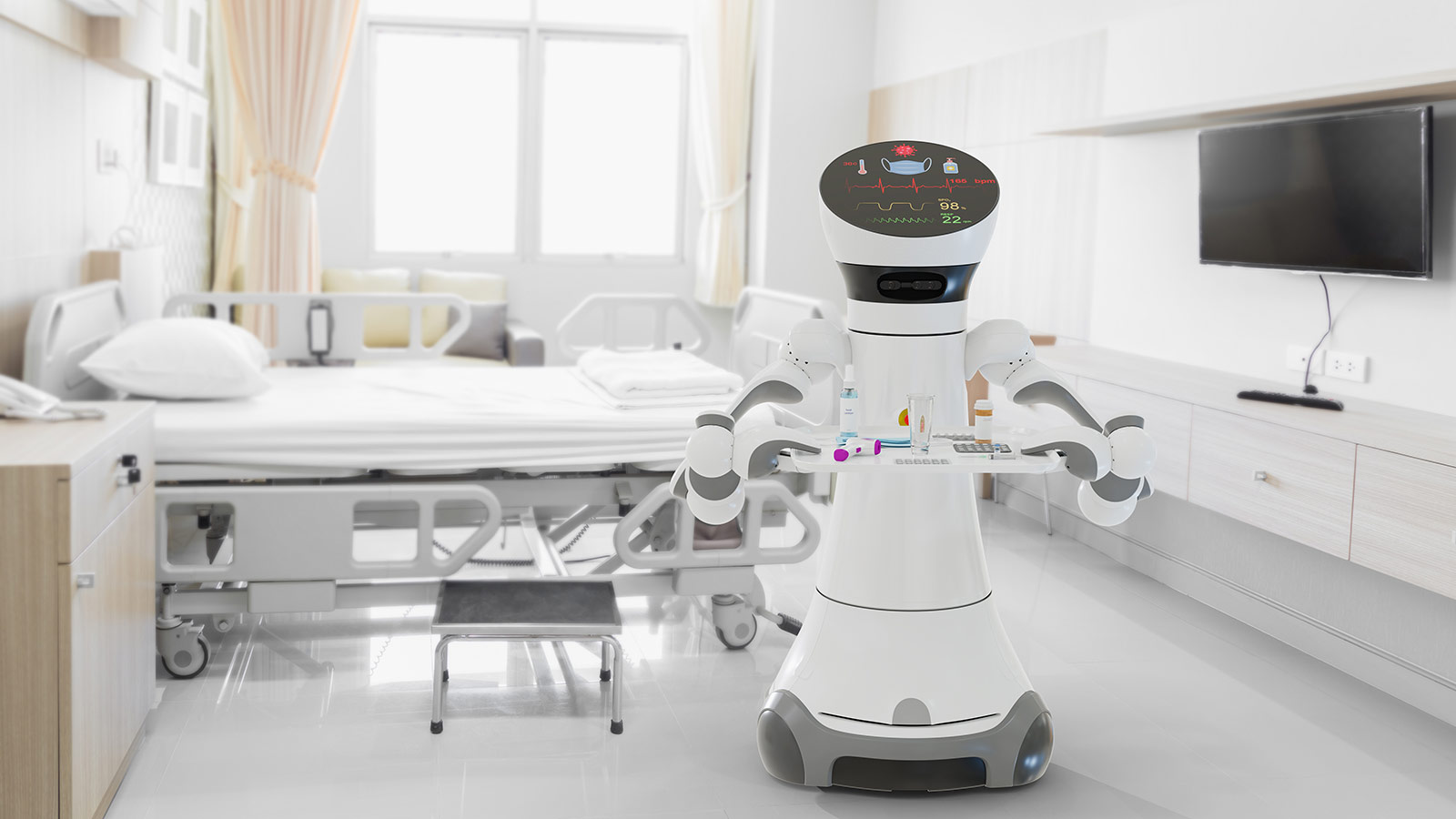 Photo of hospital bed with computer-generated medical robot assistant on the right.