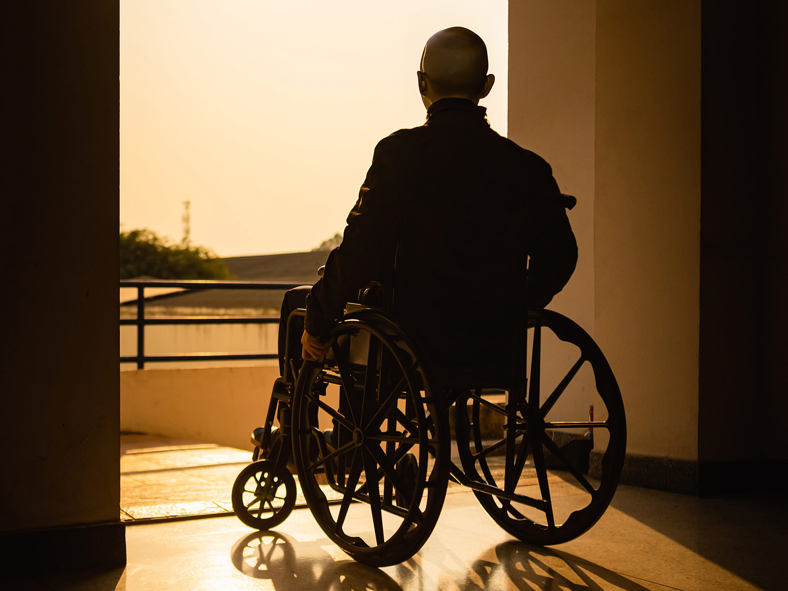Image of an elderly male sitting in a wheelchair, facing towards the sun in the background.