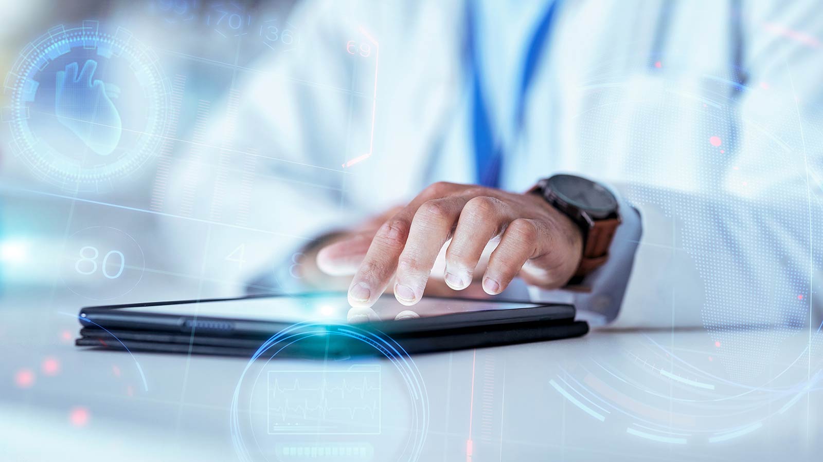 Doctor in white coat wearing brown watch using left hand to touch tablet, various high-tech computer intefaces appear on the left and center.