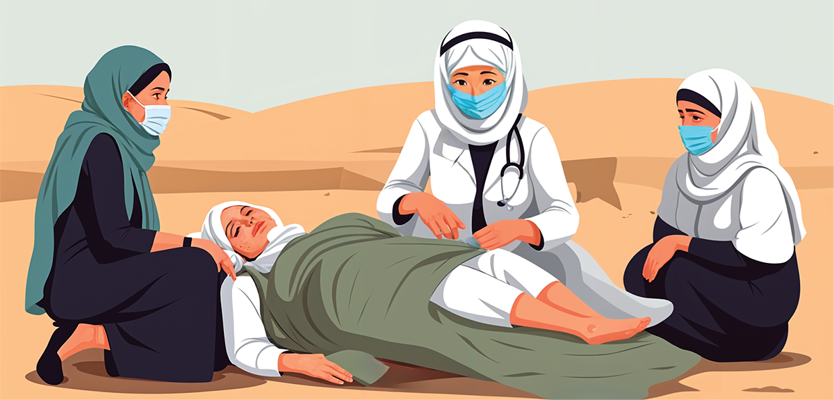 Vector illustration of 3 female doctors treating a female patient lying on the floor amidst the desserted area. All are wearing hijabs.