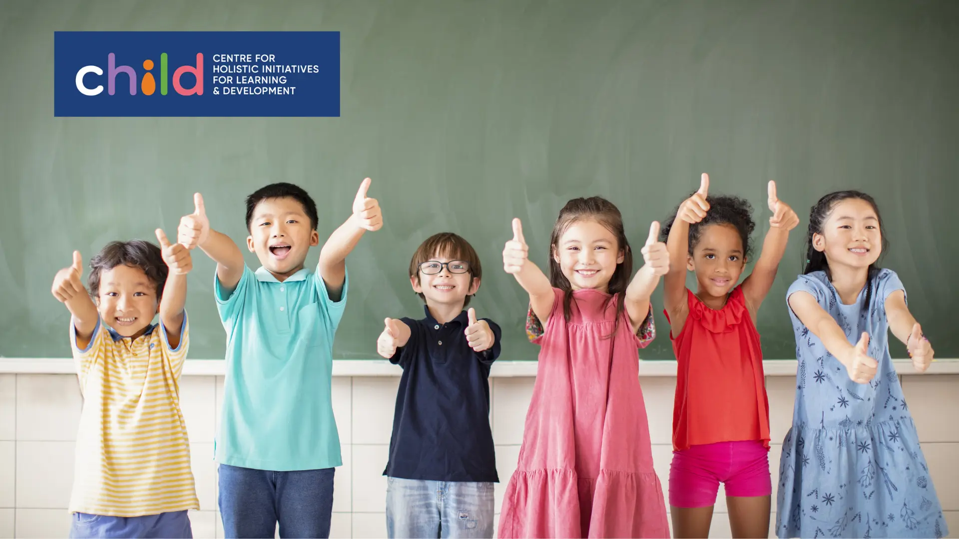 Group of Asian children giving the thumbs up to represent the Centre for Holistic Initiatives for Learning and Development, CHILD