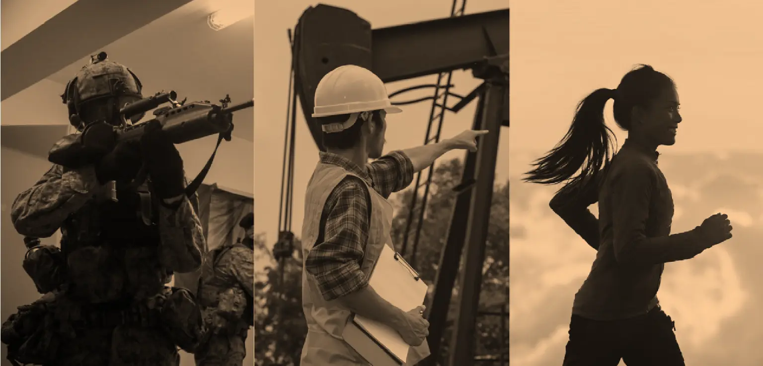 Triple split screen of people working and exercising outdoors to represent the Heat Resilience and Performance centre, HRPC