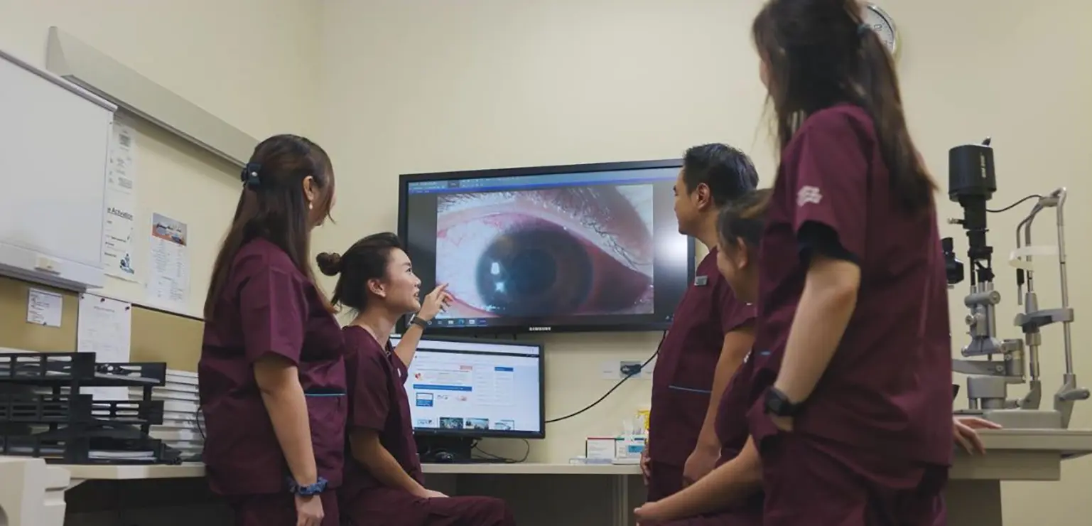 A group of medical students looking an a close-up image of an eye on a screen to represent the Centre for Innovation and Precision Eye Health