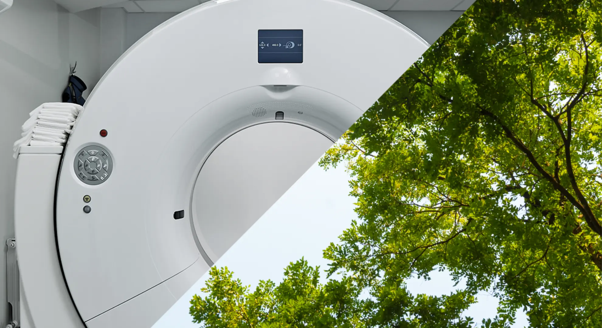 Medical equipment contrasted with trees to represent the Centre for Sustainable Medicine