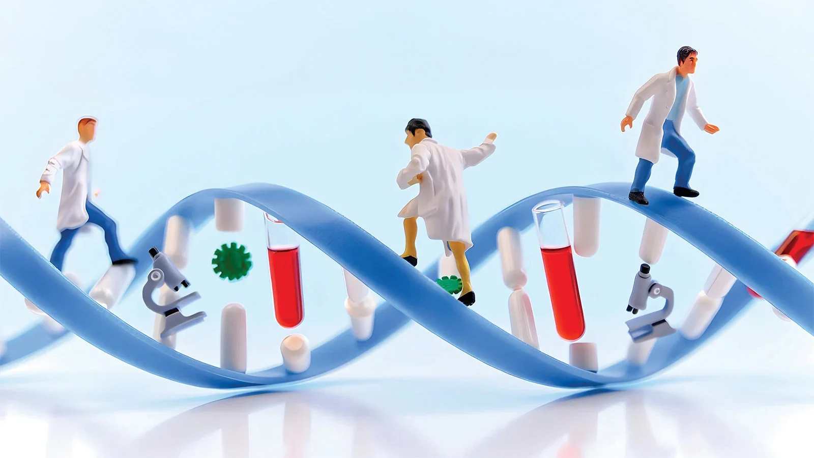 Medical researcher miniatures walking along DNA helixes like walkways.