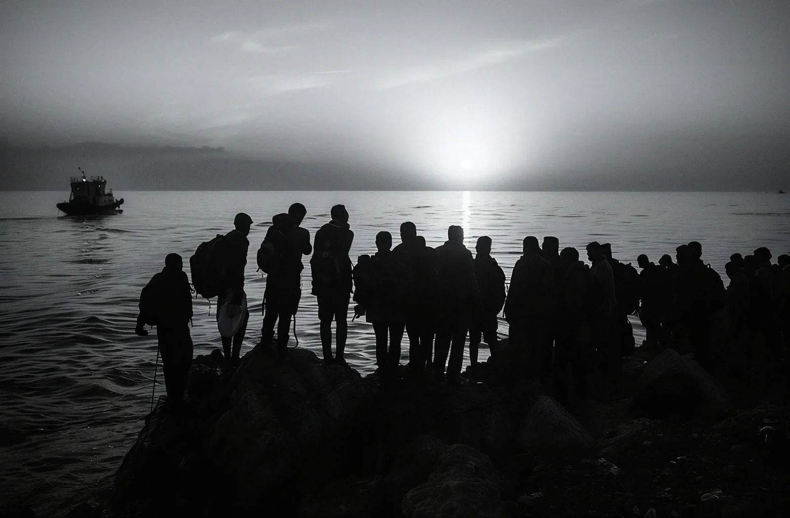 A monochromatic photo of peoples silhouettes against an ocean with a bed of rocks and a small docking ship.