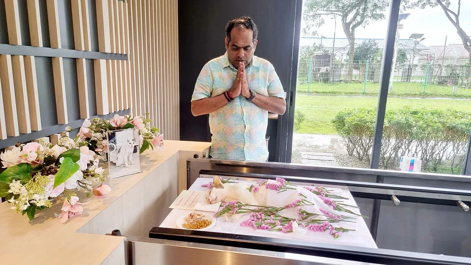 Associate Professor Srinivasan Dinesh Kumar in prayer stance, a white cat Whitney having passed away lying down on flat white platform.