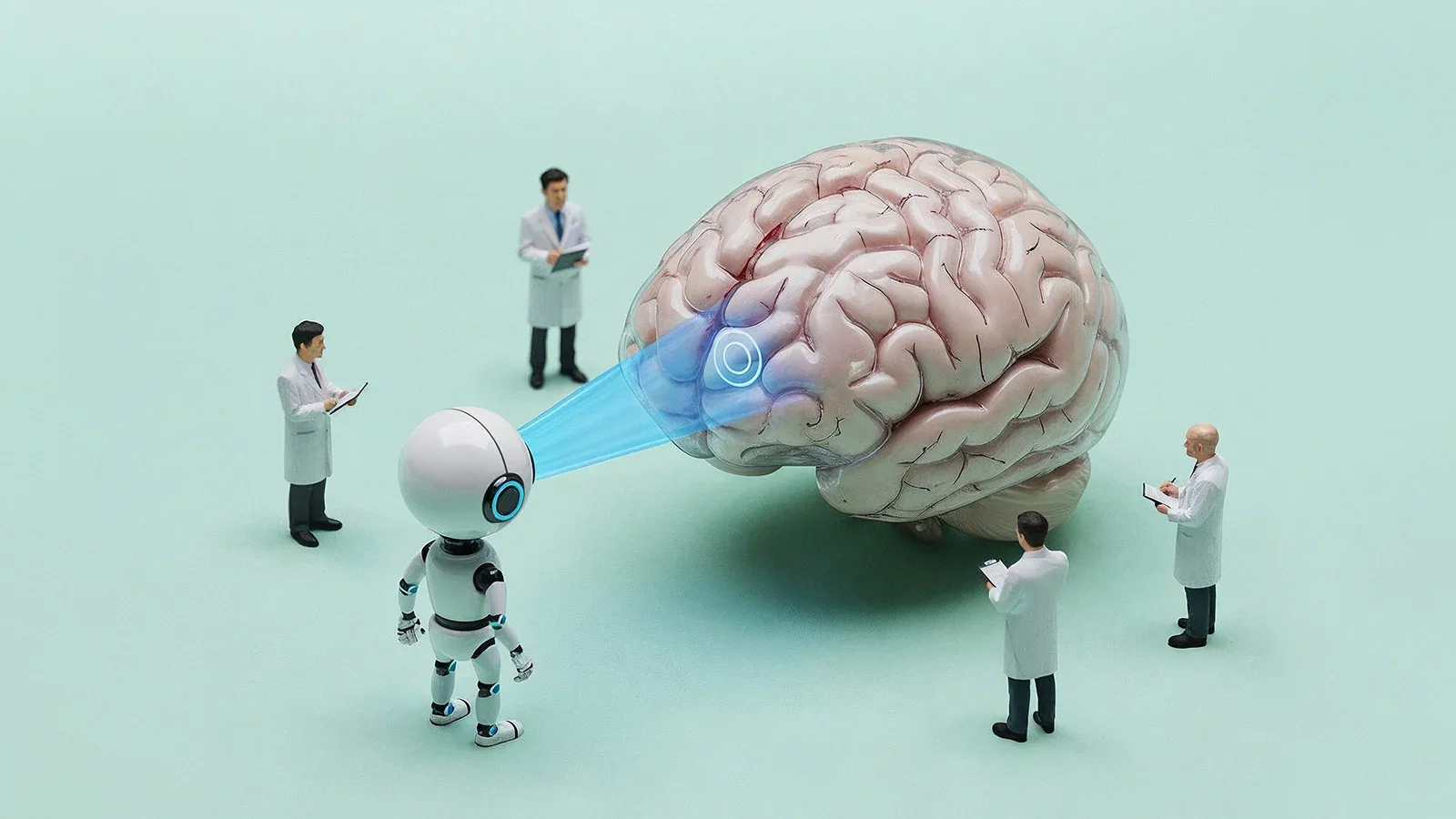 Miniature scientists and a robot gather around a brain.