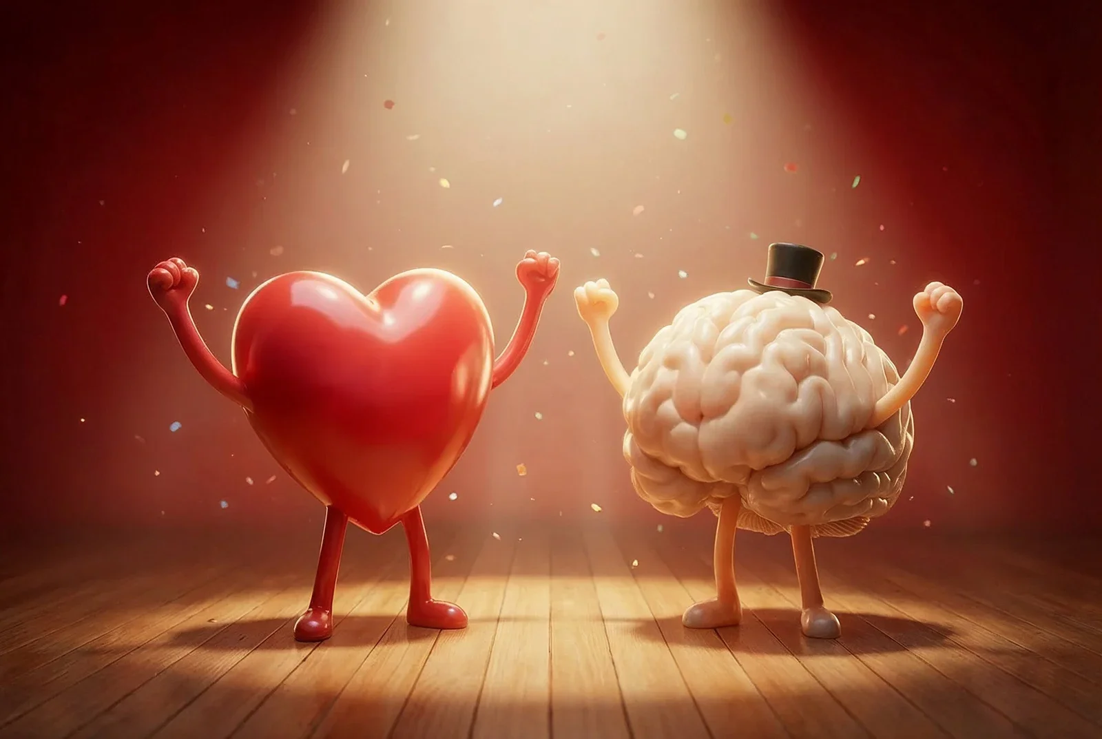 An AI-generated image of a CG cartoon heart and a CG cartoon brain being cheered on while standing on the stage platform.