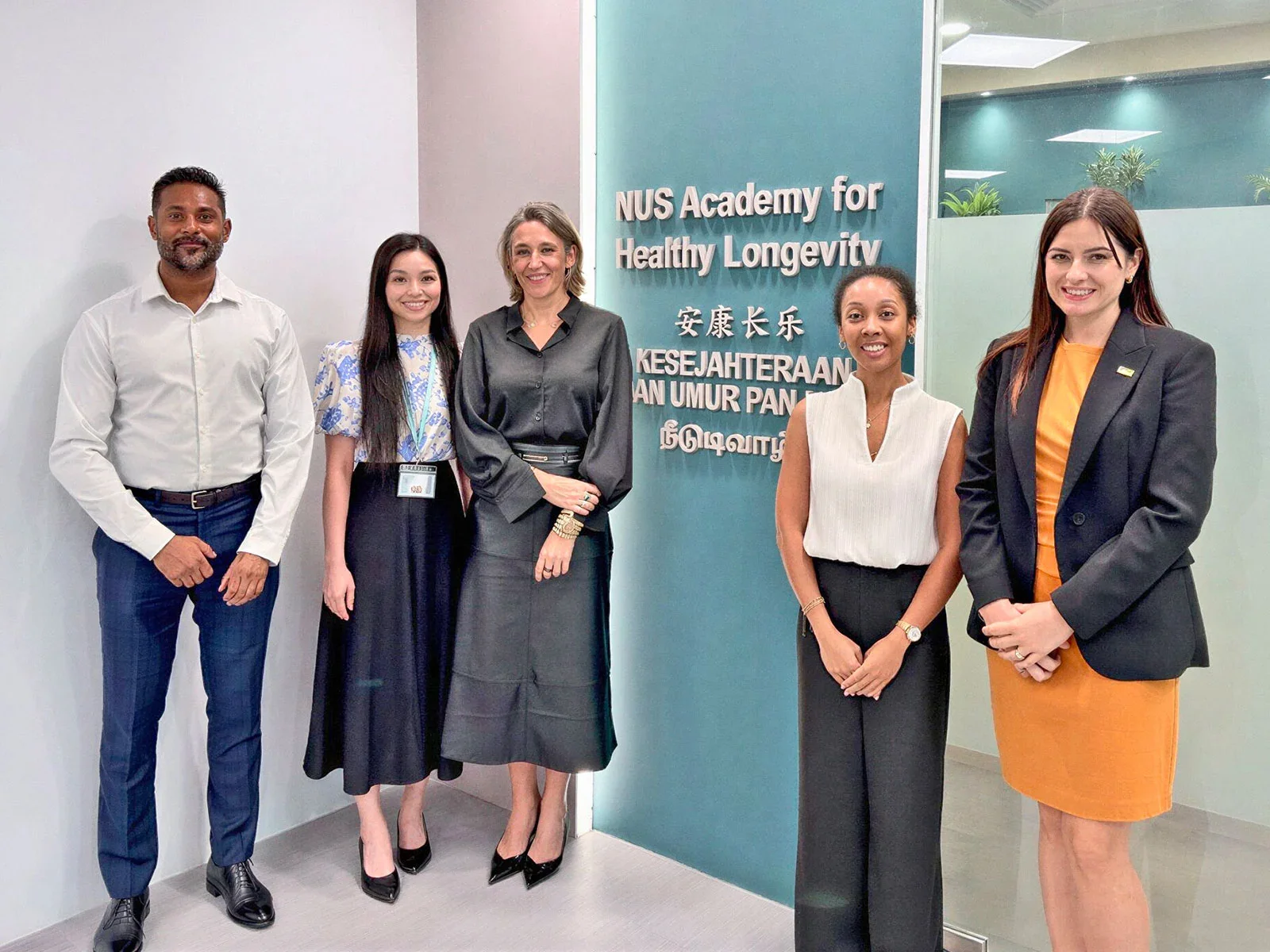 NUS Medicine’s Academy for Healthy Longevity team. From left to right: Mr Shivaji Rikka, Ms Jane Ong, Professor Andrea Maier, Dr Dotou Mazzarine, and Dr Ajla Hodzic Kuerec.