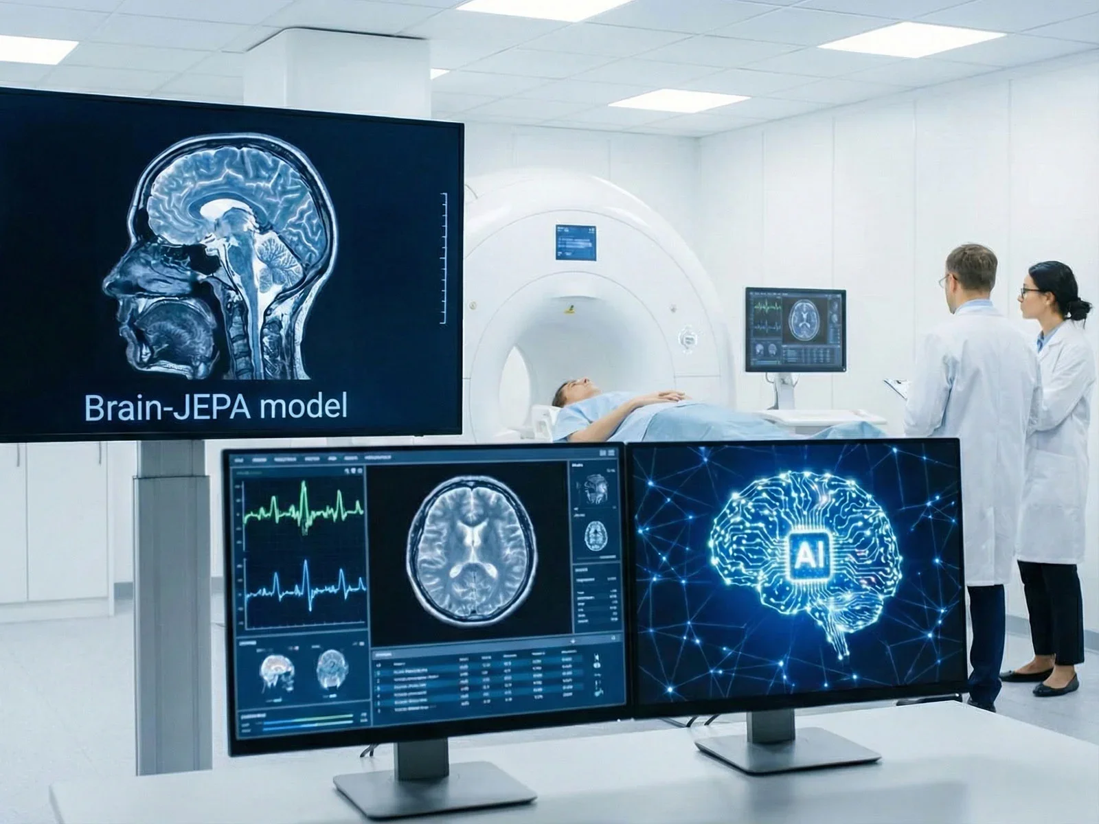 Electronic scanning imagery of different views of the human brain.