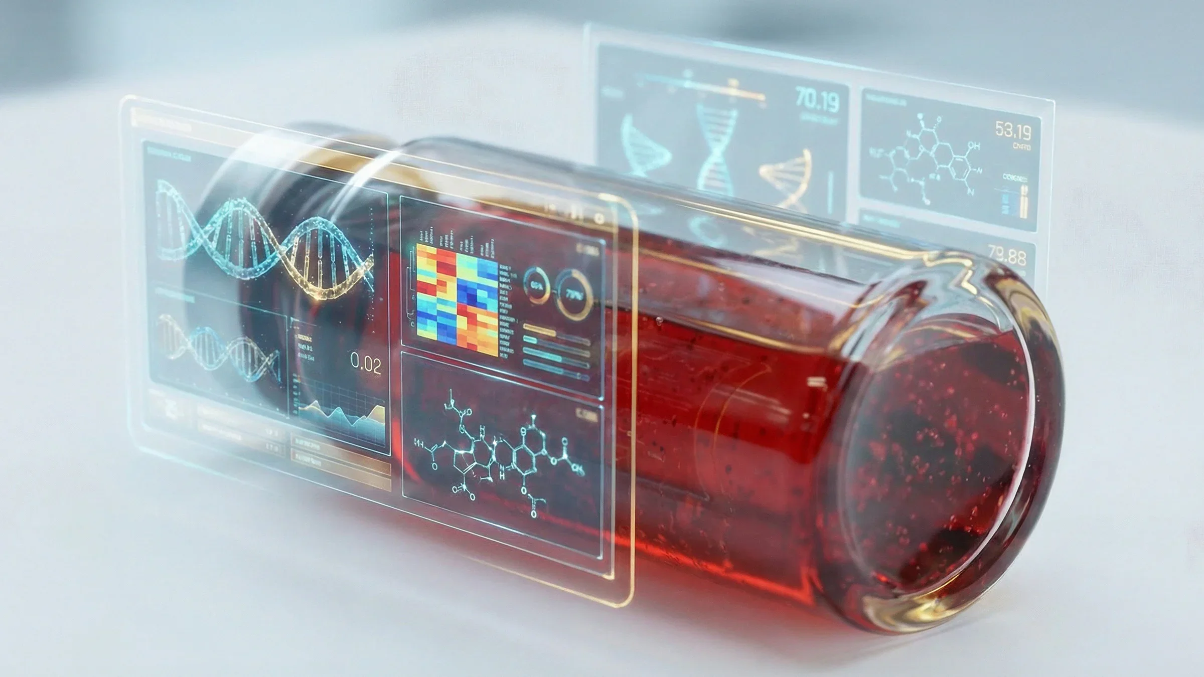 Generative AI image, in the style of photorealism, of a red blood test tube vial with various computer interface read-outs of the DNA helix and chemical structure.