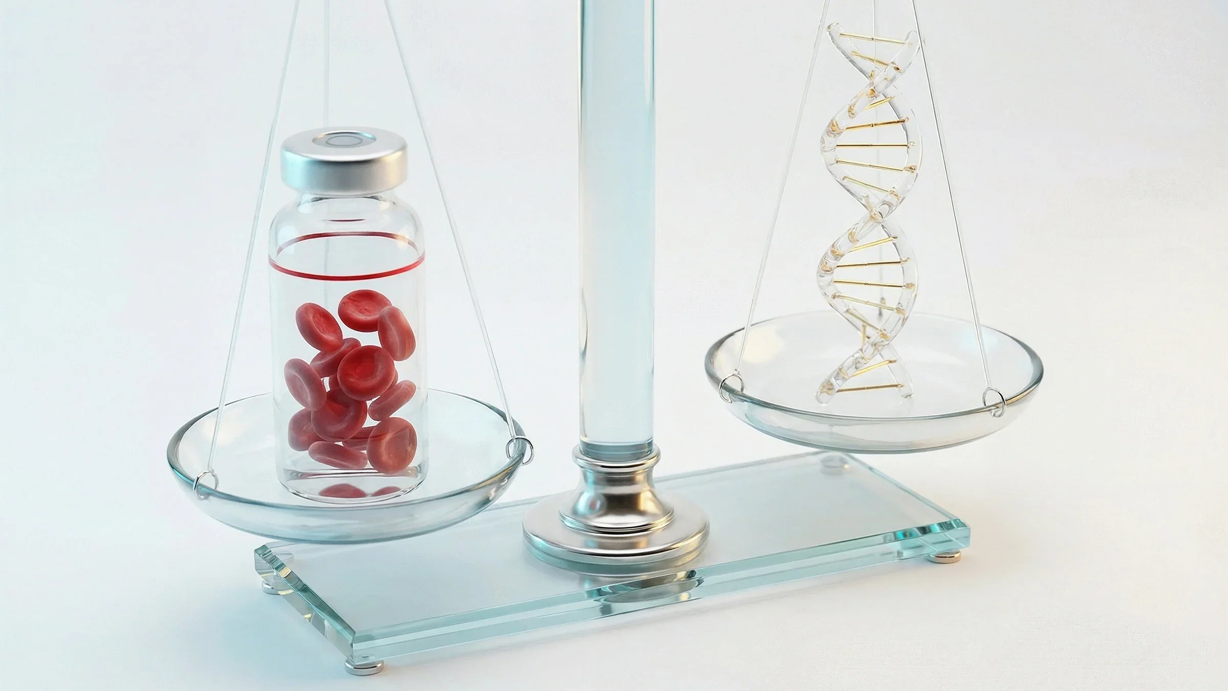 Generative AI image, in the style of photorealism, of a glass weight balance with the left tray having a glass tube of red blood cells and the right tray having a glass structure of a DNA double helix.