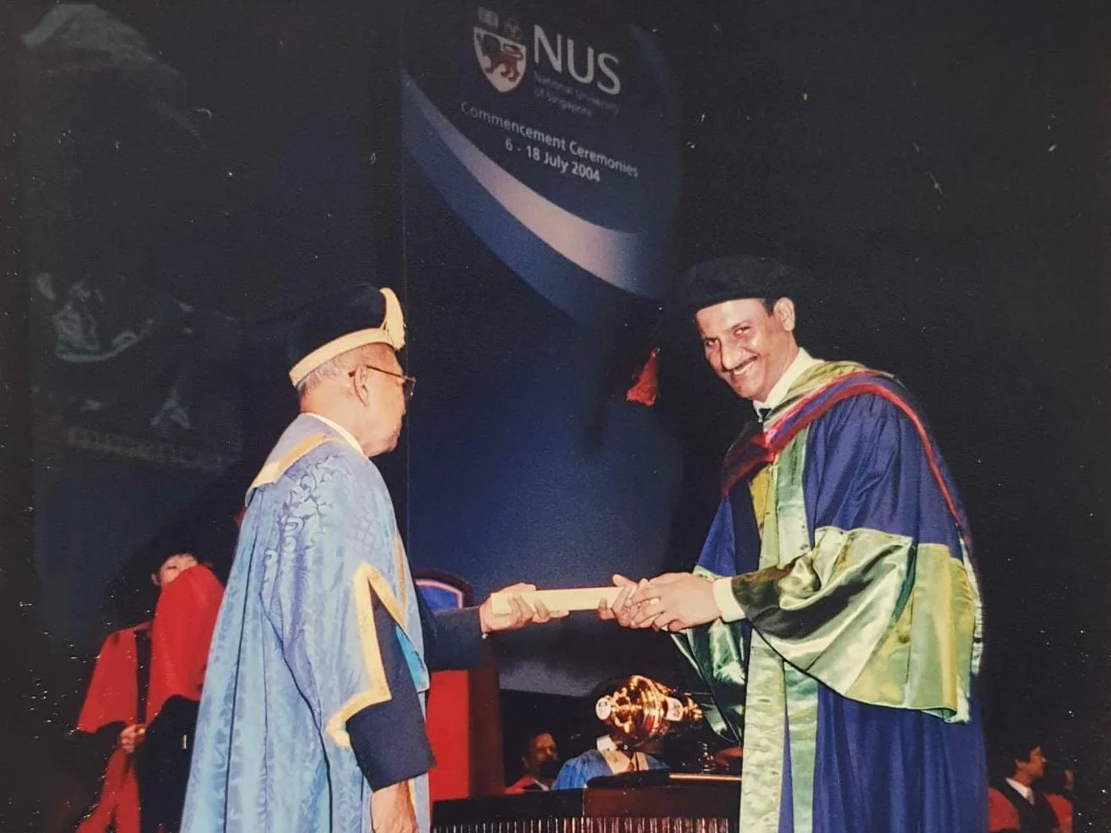 Dr Satish at convocation in Singapore in 1996 hor  his PhD on peritoneal healing post-laparotomy under Professor Steven Chan.