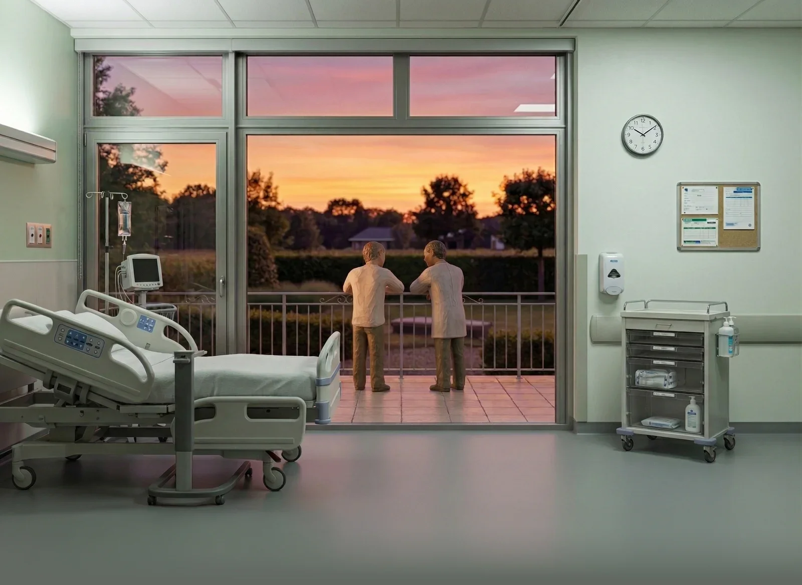 Generative AI image, in the style of photorealism, of 2 wooden carved figures conversing at a balcony, behind them being a reclined medical bed and hospital room with sliding door.