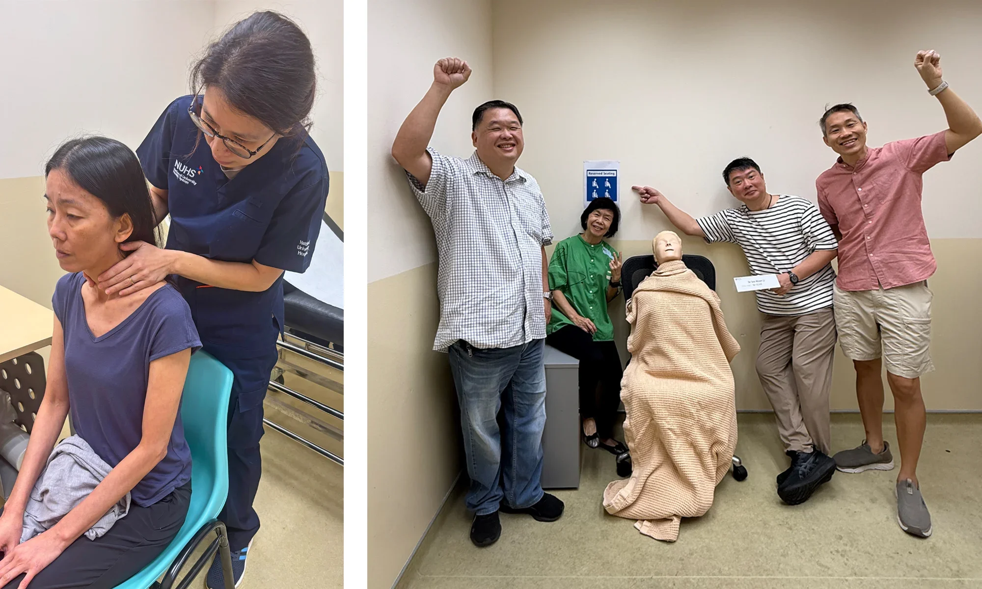 Two side-by-side photos showcasing the Standardised Patient Programme. Left: A healthcare professional in dark blue NUHS scrubs palpates the neck of a seated female standardised patient. Right: Four smiling people pose playfully alongside a medical mannequin draped in a blanket sitting in a chair.