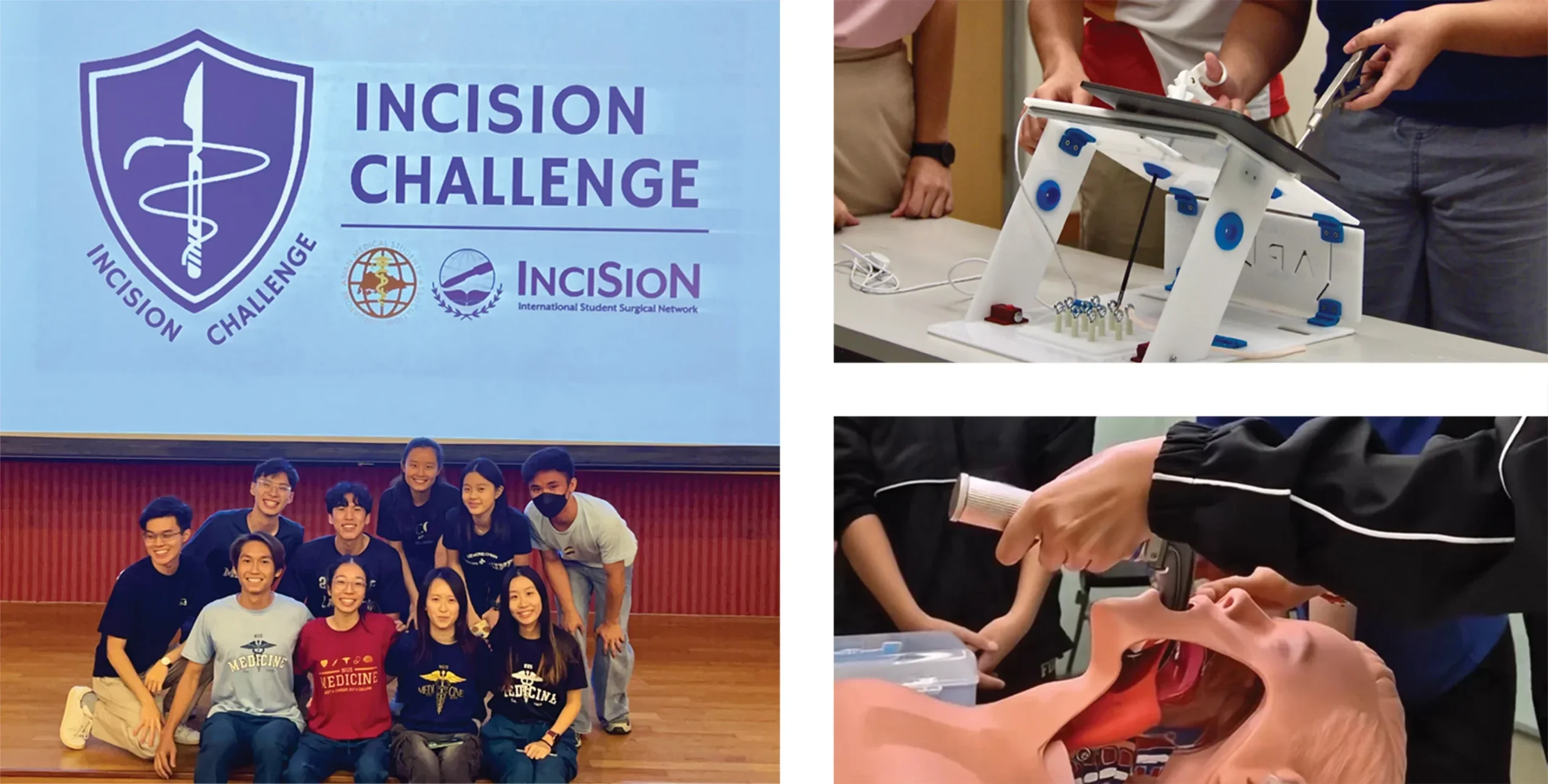 Photo on left: Group photo of participants at Incision Challenge. Photo on top-right: Simulation of surgery on flat-screen computer pad. Photo on bottom-right: Practice surgery on humanoid doll.